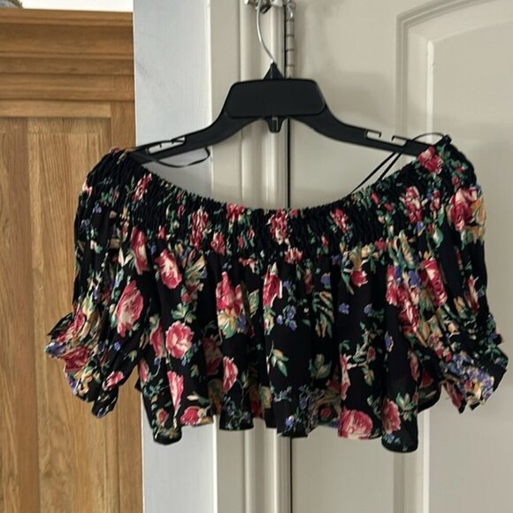 NWT FREE PEOPLE black floral off shoulder top - Picture 2 of 10